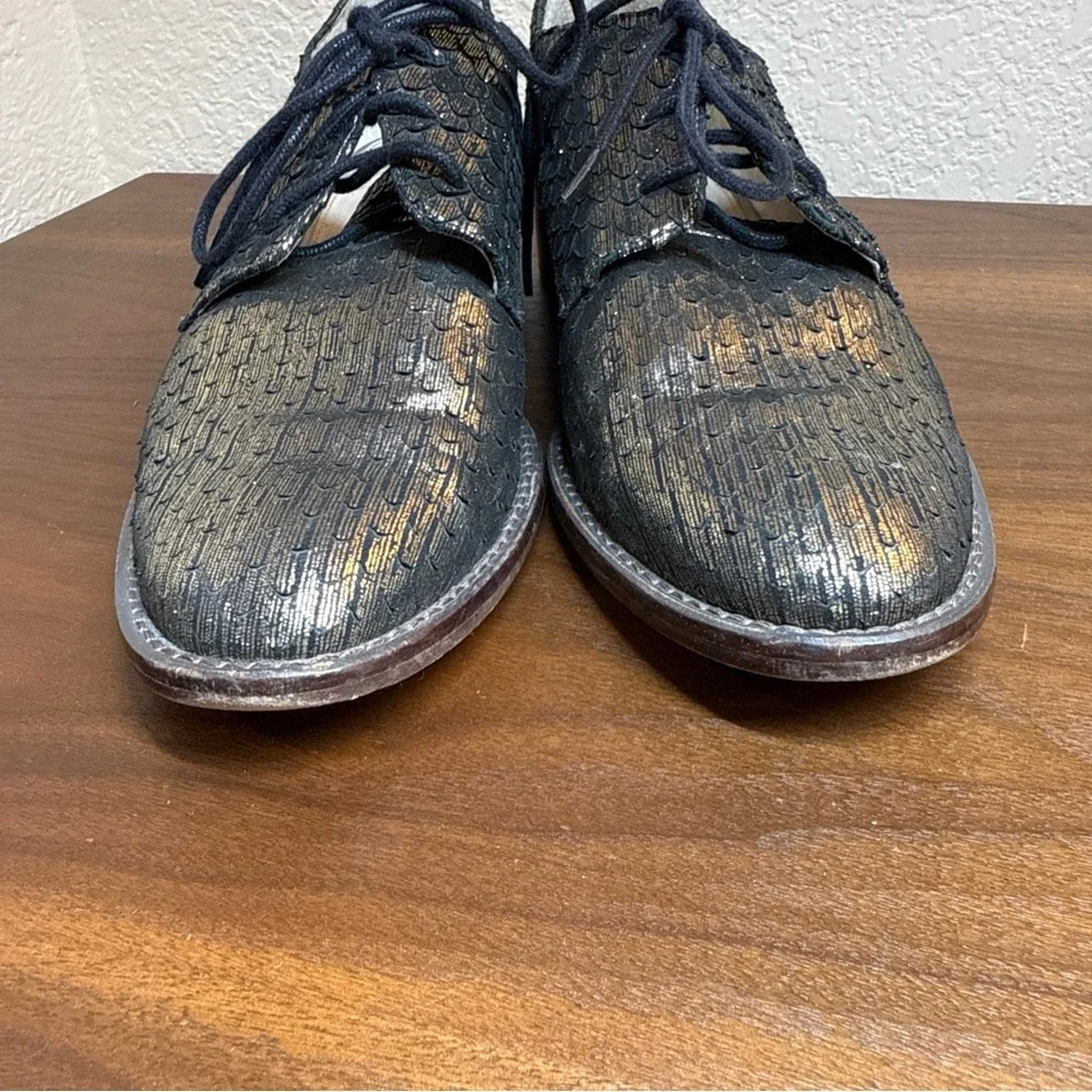 Louise Et Cie Black Gold Lo-Fenn Lace Up Oxfords Shoes Size 9 M Genuine Leather